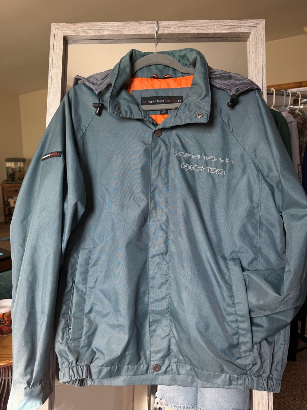 Perry Ellis Men's Slate Blue Hooded Raincoat with Orange Lining